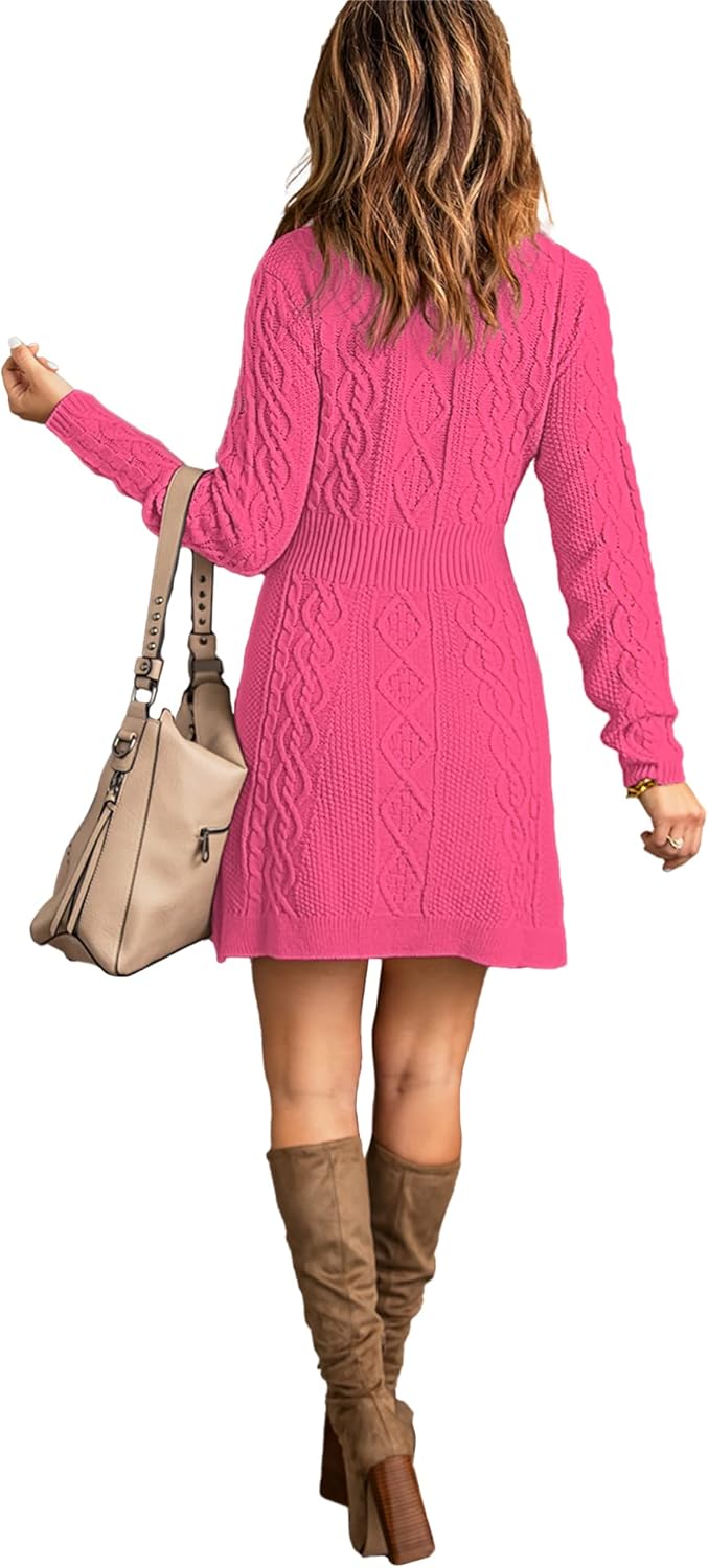 luvamia Sweater Dress for Women Cable Knit Ribbed ALine Short Fitted Pullover Sweaters Dresses Fall WinterHot Pink