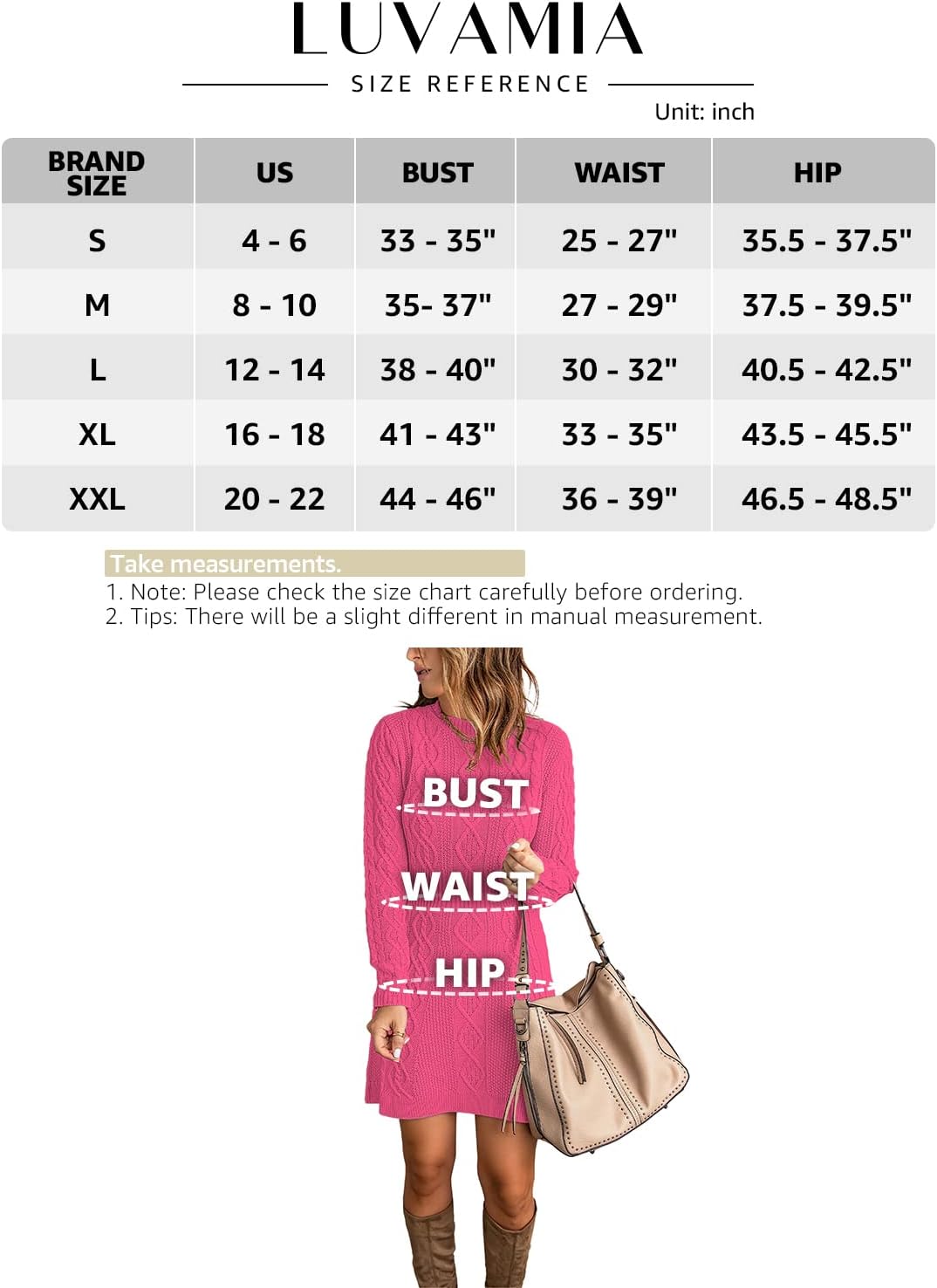 luvamia Sweater Dress for Women Cable Knit Ribbed ALine Short Fitted Pullover Sweaters Dresses Fall WinterHot Pink