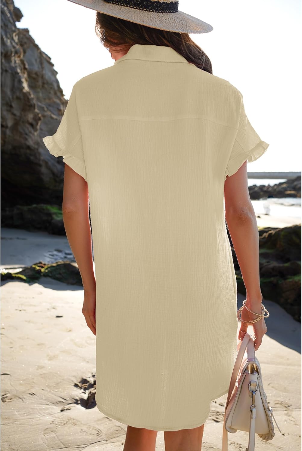luvamia Womens Beach Cover Up Dress Cotton Button Down Shirt Dresses Casual Ruffle Sleeves Summer Dresses with PocketsBeige
