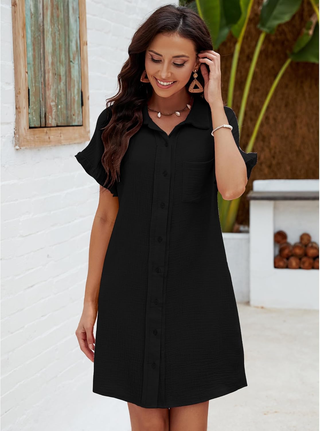 luvamia Womens Beach Cover Up Dress Cotton Button Down Shirt Dresses Casual Ruffle Sleeves Summer Dresses with PocketsBlack