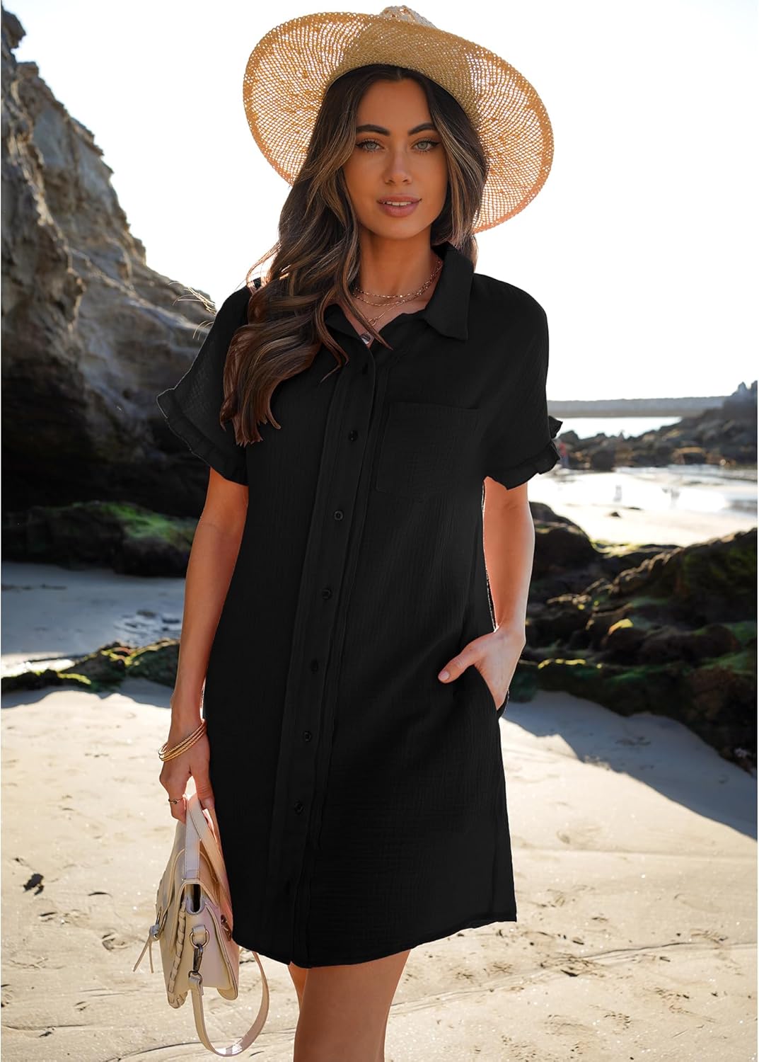 luvamia Womens Beach Cover Up Dress Cotton Button Down Shirt Dresses Casual Ruffle Sleeves Summer Dresses with PocketsBlack