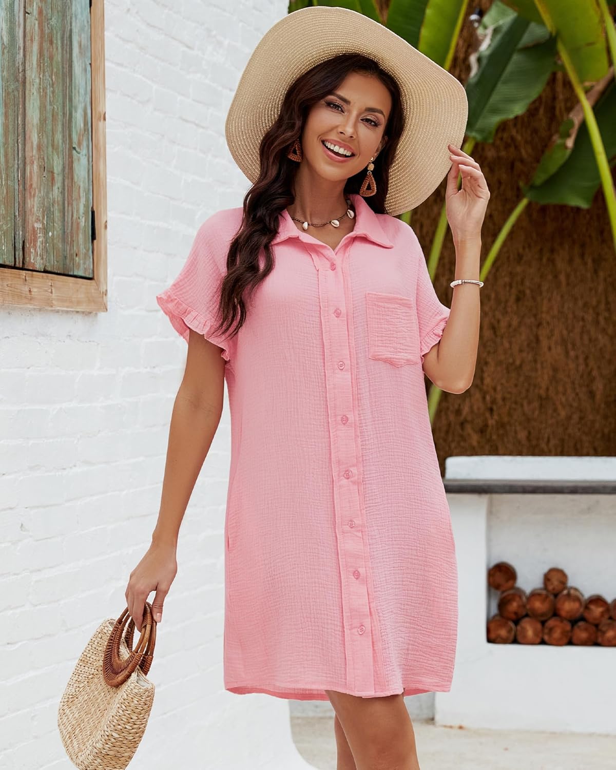 luvamia Womens Beach Cover Up Dress Cotton Button Down Shirt Dresses Casual Ruffle Sleeves Summer Dresses with PocketsCandy Pink