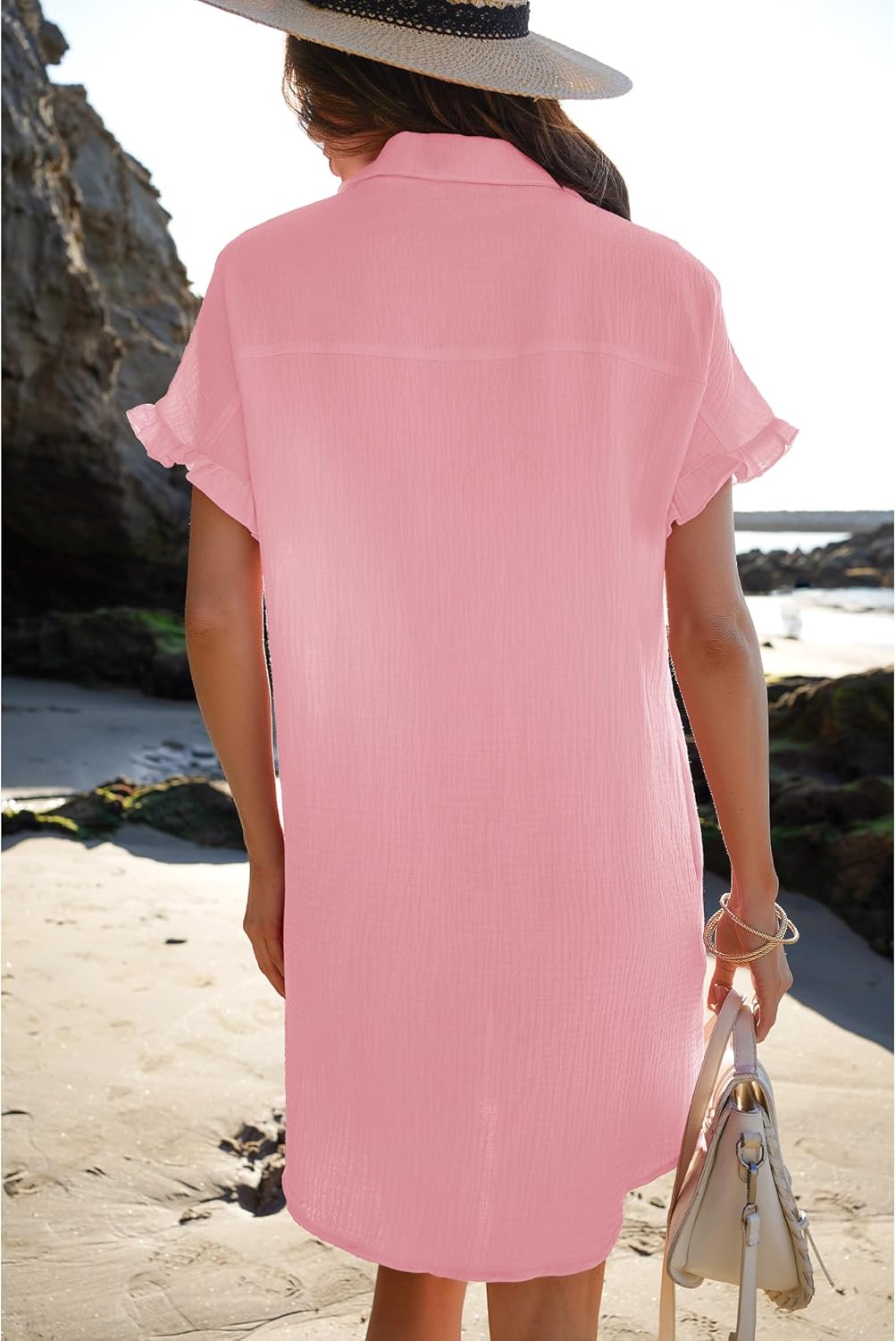 luvamia Womens Beach Cover Up Dress Cotton Button Down Shirt Dresses Casual Ruffle Sleeves Summer Dresses with PocketsCandy Pink