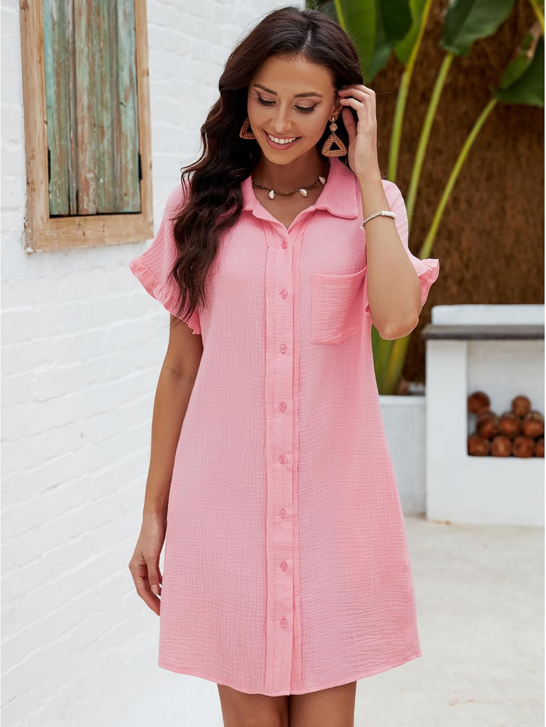 luvamia Womens Beach Cover Up Dress Cotton Button Down Shirt Dresses Casual Ruffle Sleeves Summer Dresses with PocketsCandy Pink