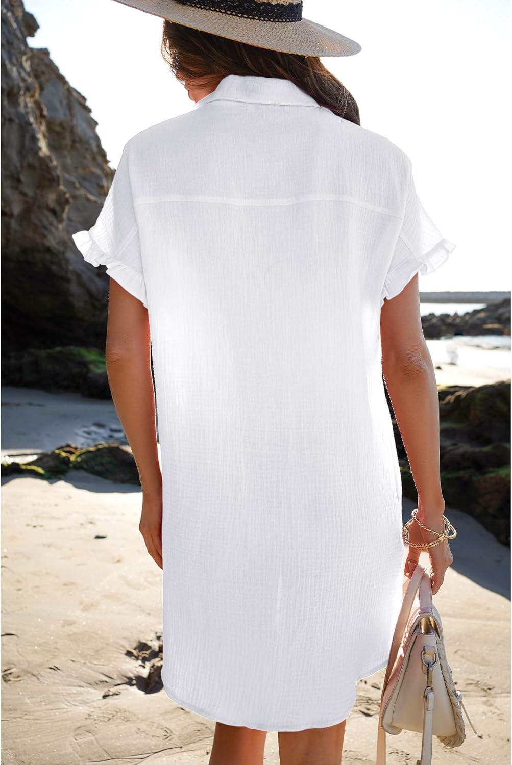 luvamia Womens Beach Cover Up Dress Cotton Button Down Shirt Dresses Casual Ruffle Sleeves Summer Dresses with PocketsCream White