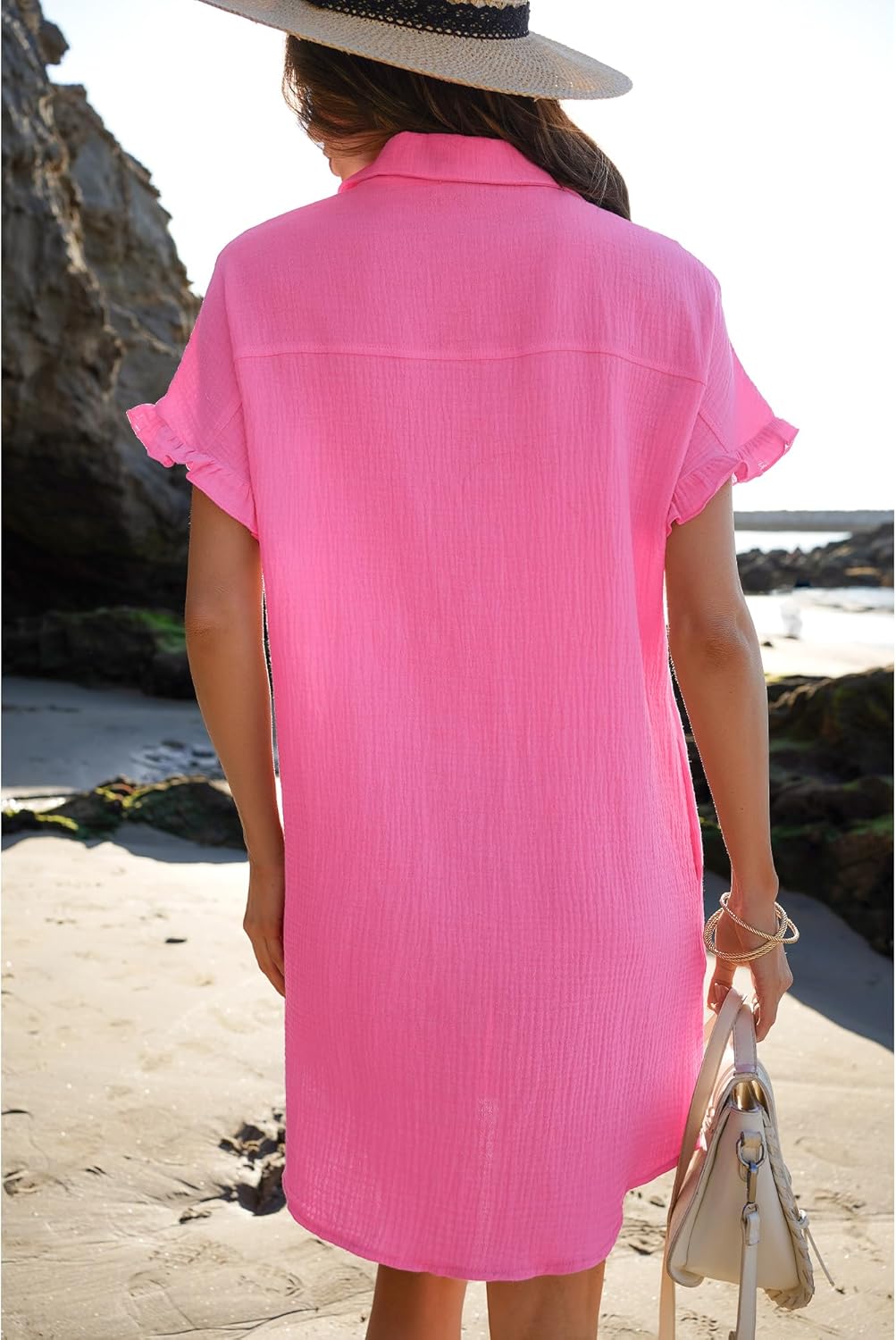 luvamia Womens Beach Cover Up Dress Cotton Button Down Shirt Dresses Casual Ruffle Sleeves Summer Dresses with PocketsHot Pink