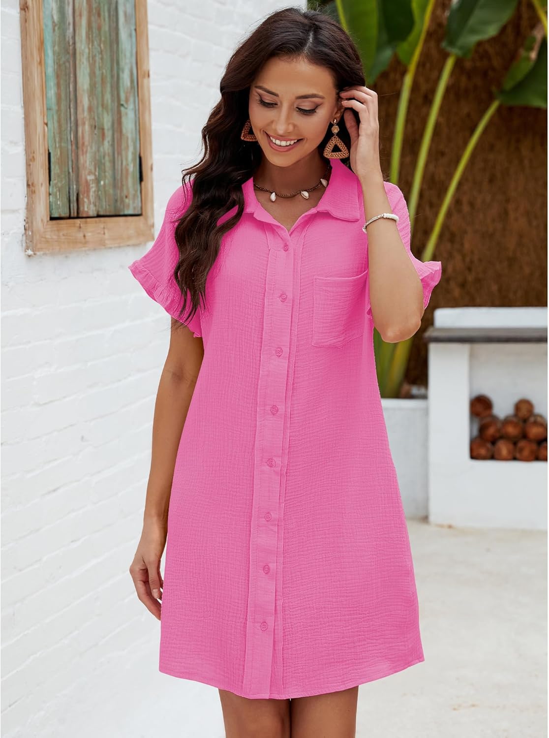 luvamia Womens Beach Cover Up Dress Cotton Button Down Shirt Dresses Casual Ruffle Sleeves Summer Dresses with PocketsHot Pink