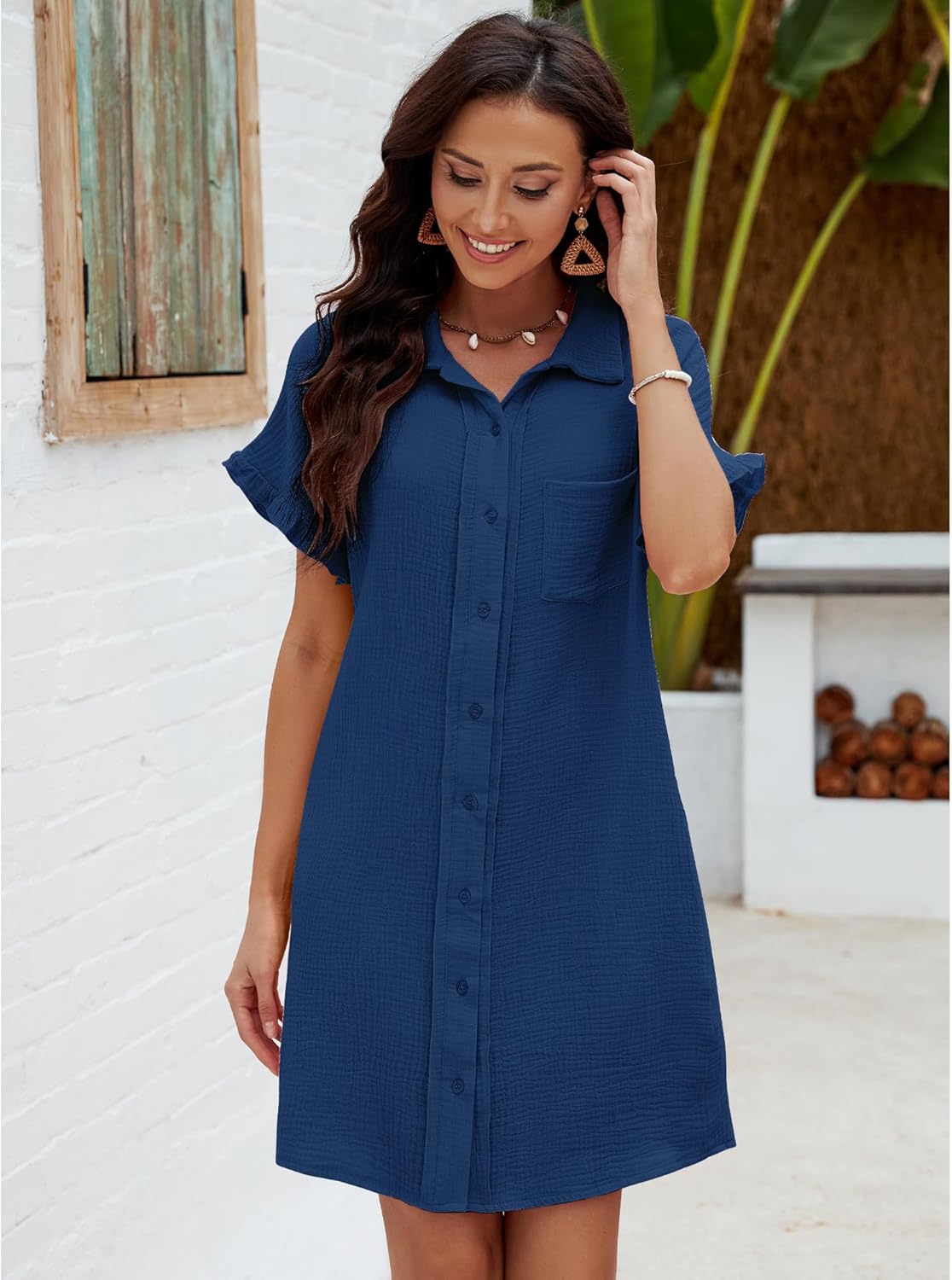 luvamia Womens Beach Cover Up Dress Cotton Button Down Shirt Dresses Casual Ruffle Sleeves Summer Dresses with PocketsNavy Blue
