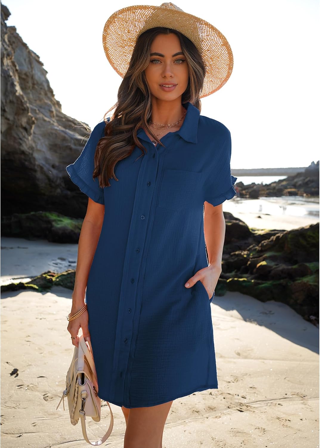 luvamia Womens Beach Cover Up Dress Cotton Button Down Shirt Dresses Casual Ruffle Sleeves Summer Dresses with PocketsNavy Blue