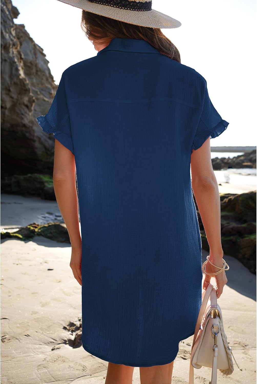 luvamia Womens Beach Cover Up Dress Cotton Button Down Shirt Dresses Casual Ruffle Sleeves Summer Dresses with PocketsNavy Blue