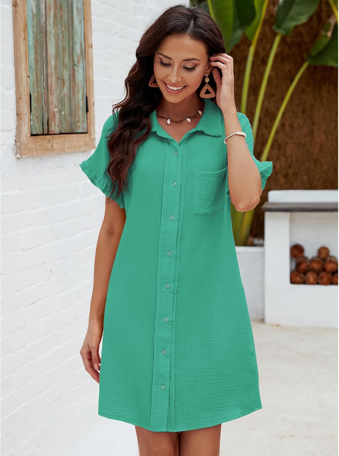 luvamia Womens Beach Cover Up Dress Cotton Button Down Shirt Dresses Casual Ruffle Sleeves Summer Dresses with PocketsSea Green