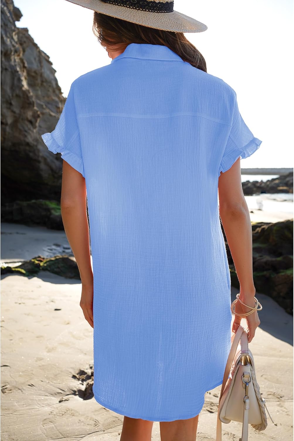 luvamia Womens Beach Cover Up Dress Cotton Button Down Shirt Dresses Casual Ruffle Sleeves Summer Dresses with PocketsSky Blue