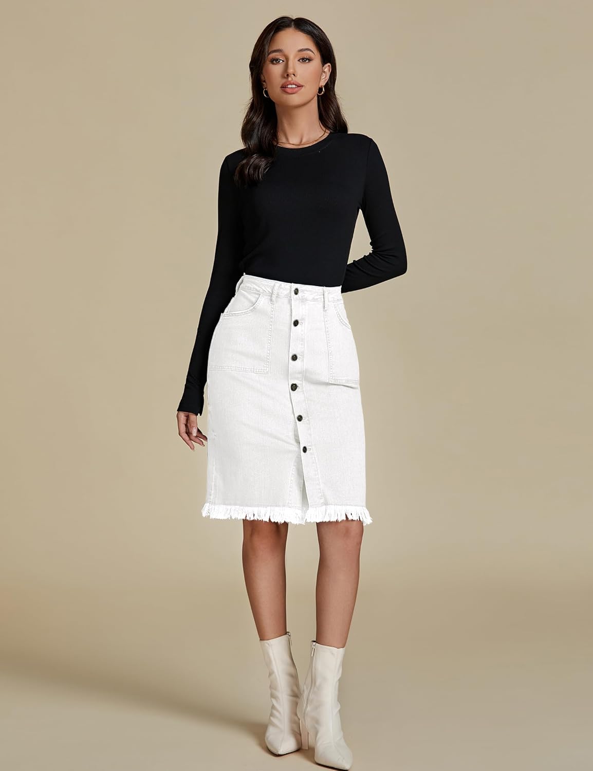 luvamia Womens Casual Mid Rise Button Down Frayed Raw Hem Denim Jean Midi SkirtCream White