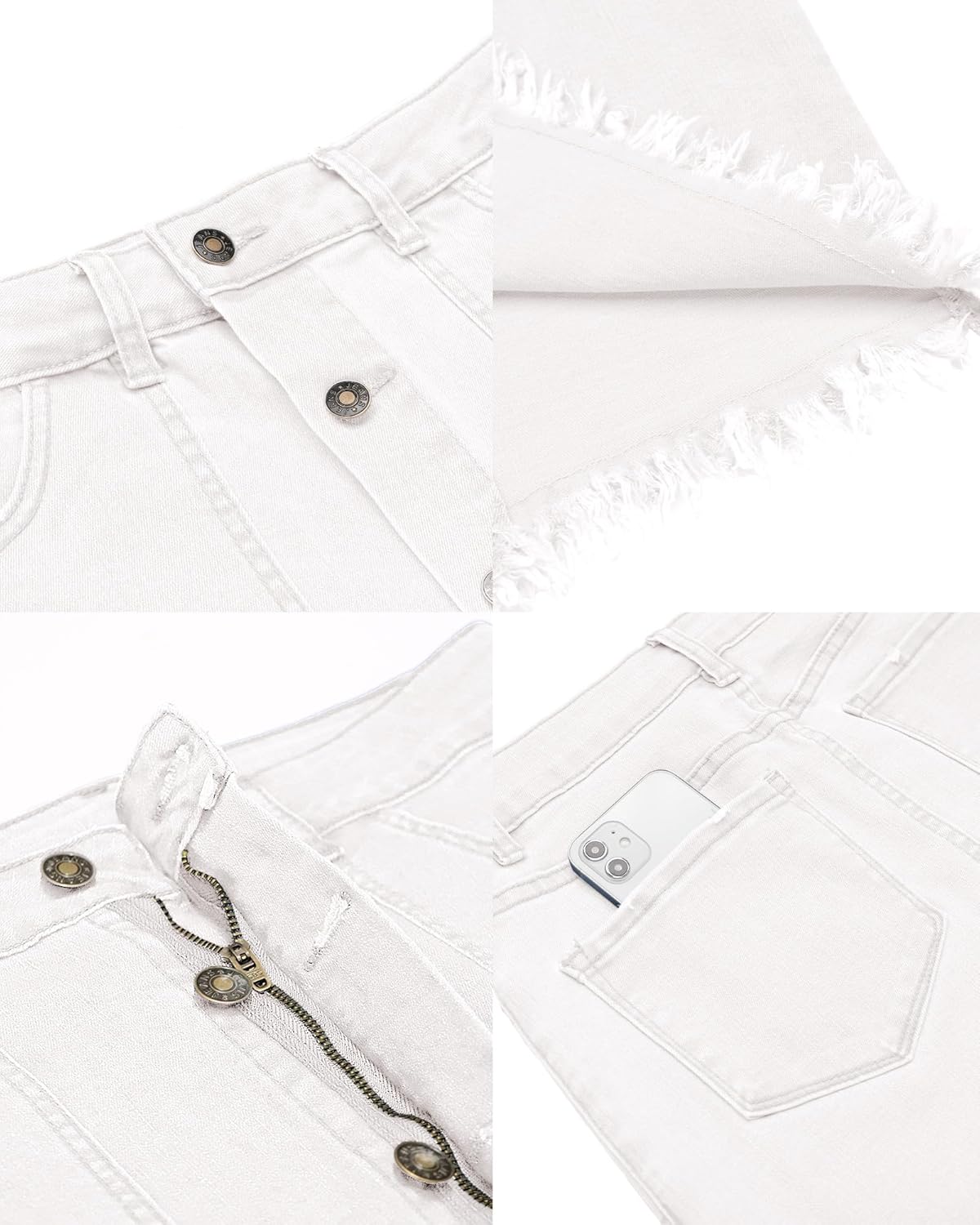 luvamia Womens Casual Mid Rise Button Down Frayed Raw Hem Denim Jean Midi SkirtCream White