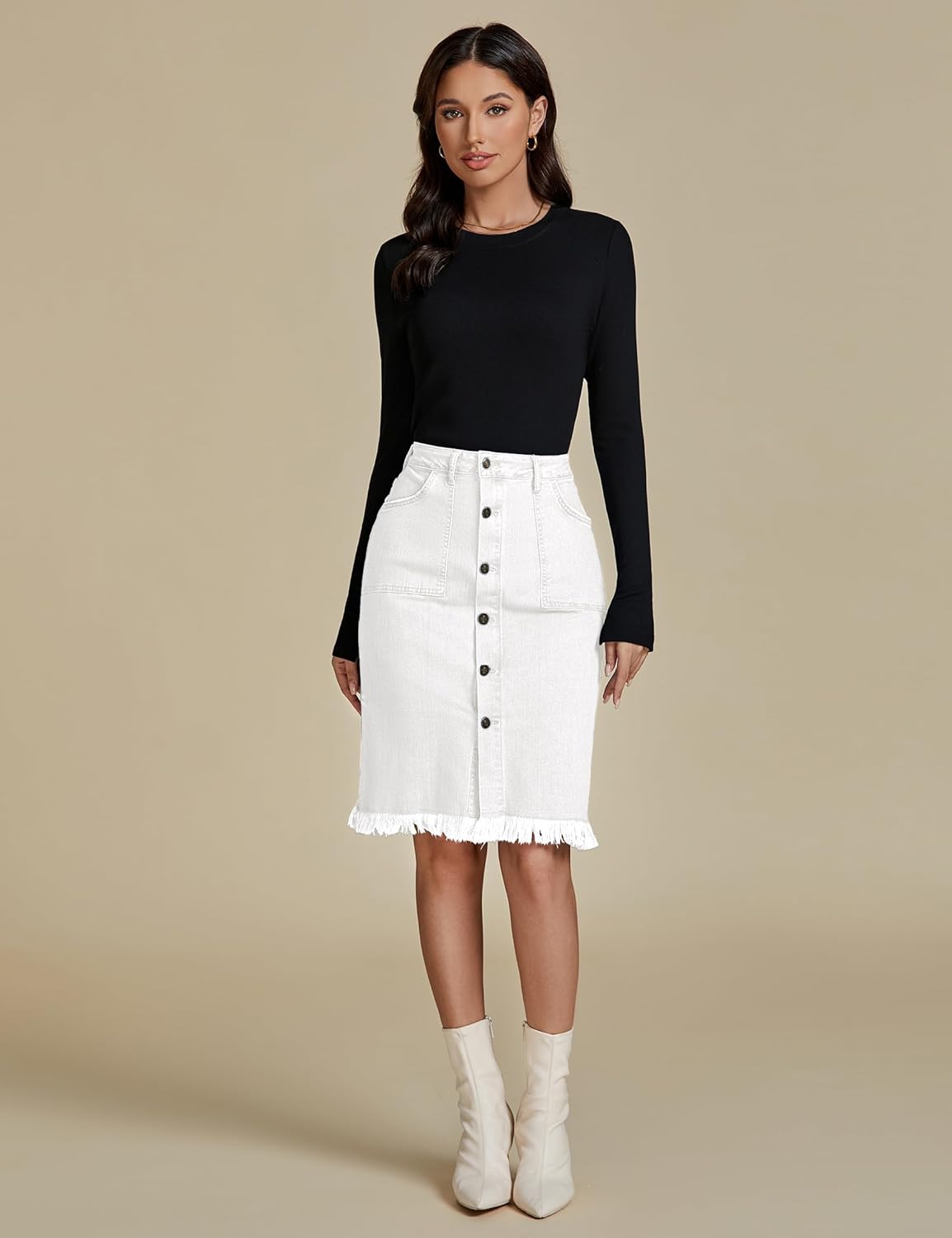 luvamia Womens Casual Mid Rise Button Down Frayed Raw Hem Denim Jean Midi SkirtCream White