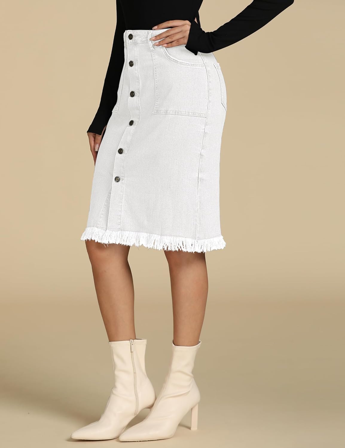 luvamia Womens Casual Mid Rise Button Down Frayed Raw Hem Denim Jean Midi SkirtCream White