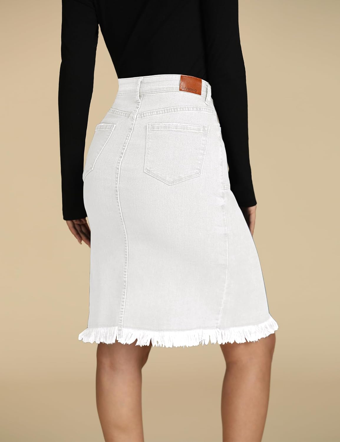 luvamia Womens Casual Mid Rise Button Down Frayed Raw Hem Denim Jean Midi SkirtCream White