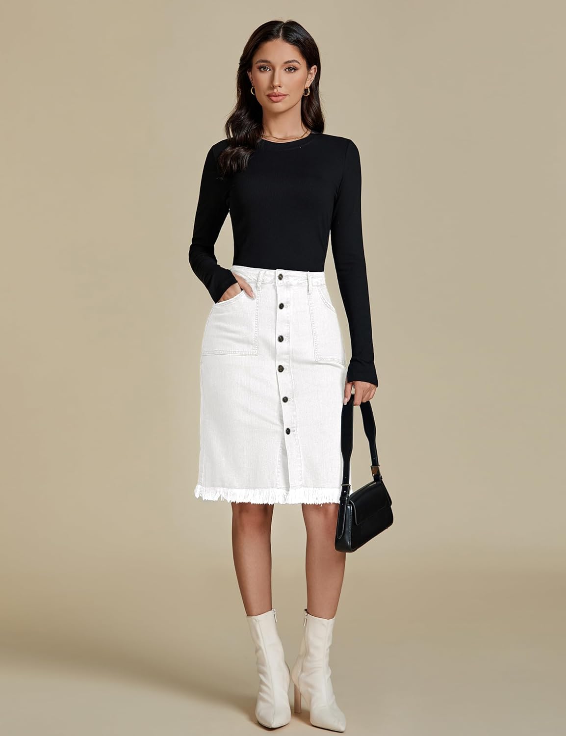 luvamia Womens Casual Mid Rise Button Down Frayed Raw Hem Denim Jean Midi SkirtCream White