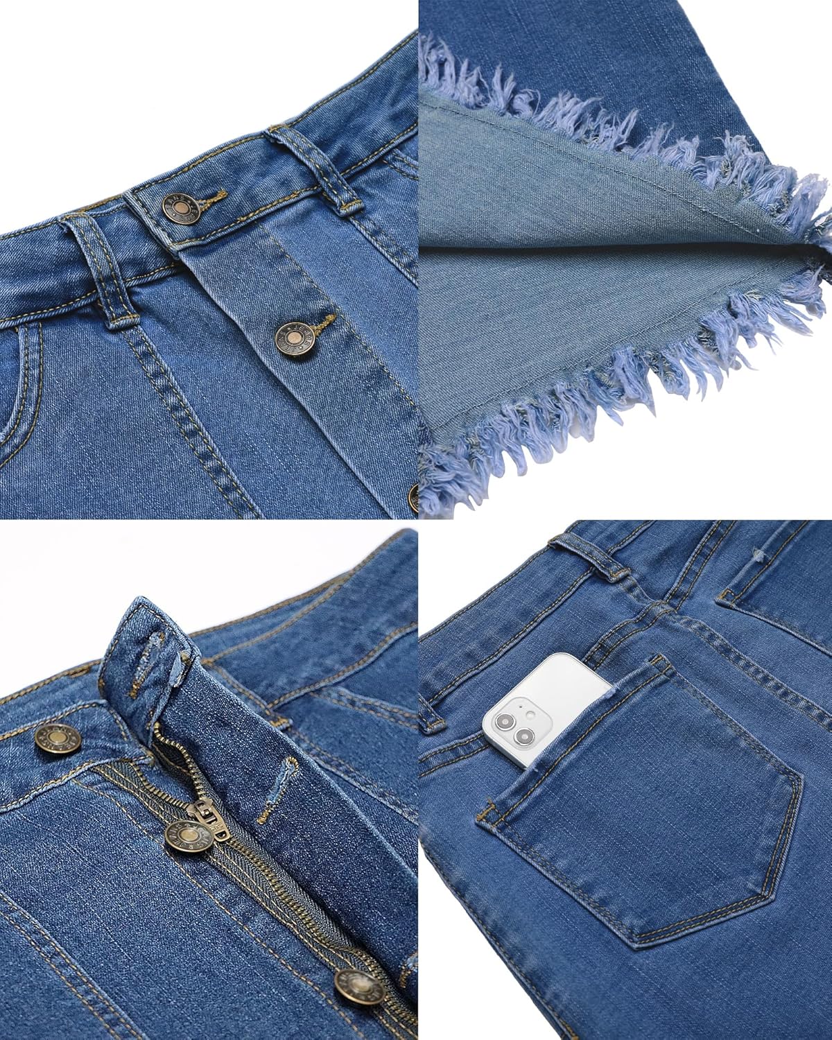 luvamia Womens Casual Mid Rise Button Down Frayed Raw Hem Denim Jean Midi SkirtDark Atlantic Blue