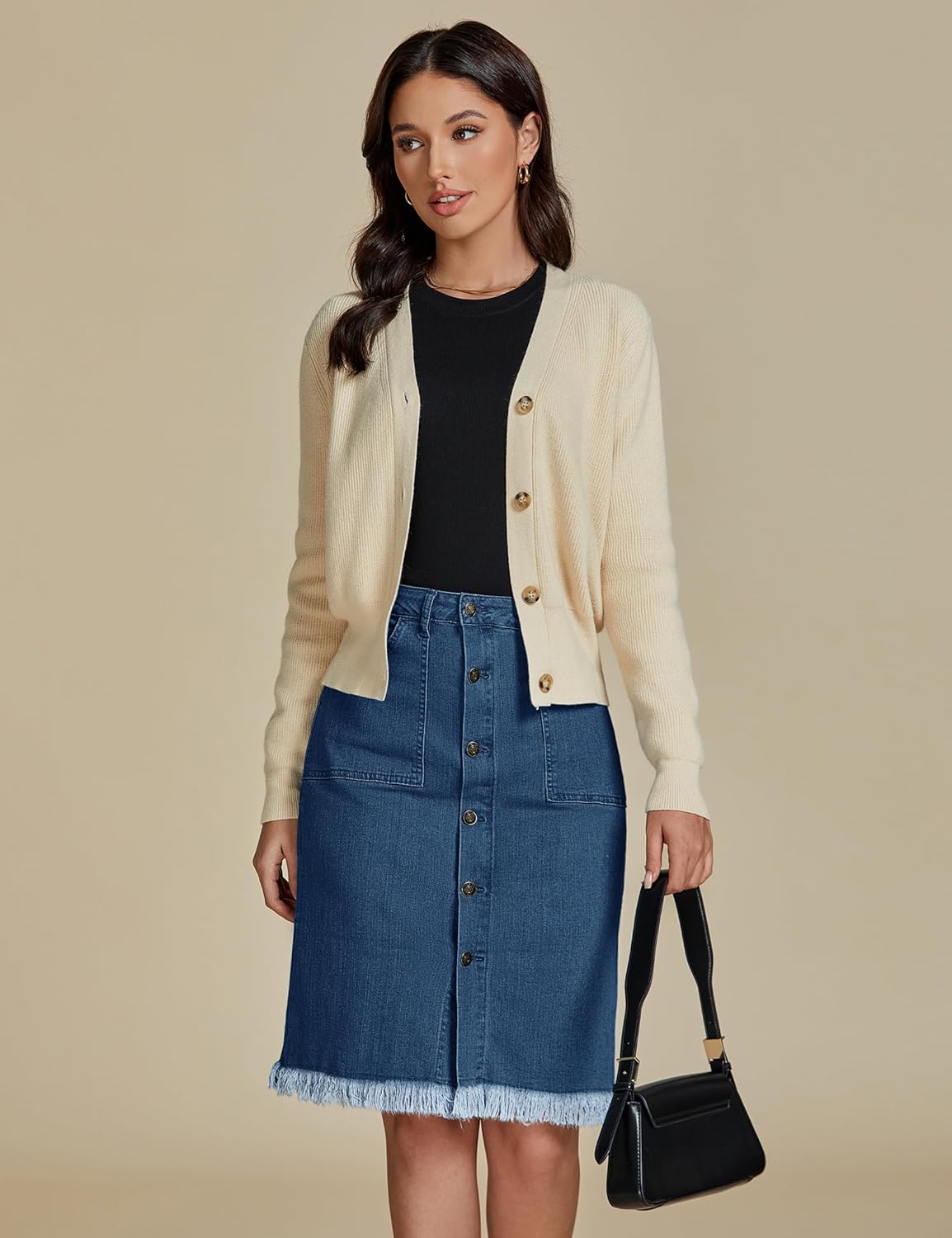 luvamia Womens Casual Mid Rise Button Down Frayed Raw Hem Denim Jean Midi SkirtDark Atlantic Blue