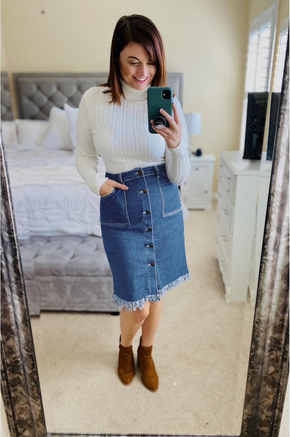 luvamia Womens Casual Mid Rise Button Down Frayed Raw Hem Denim Jean Midi SkirtDark Atlantic Blue