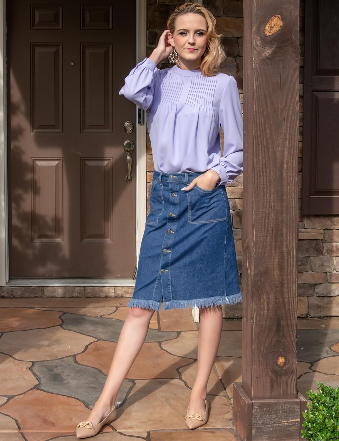 luvamia Womens Casual Mid Rise Button Down Frayed Raw Hem Denim Jean Midi SkirtDark Atlantic Blue