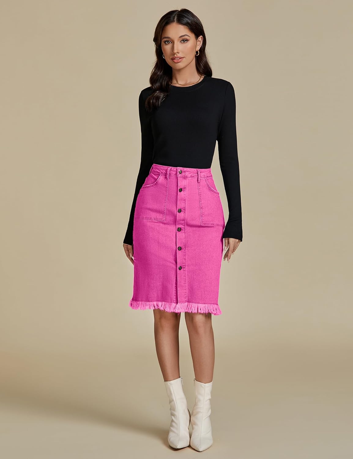 luvamia Womens Casual Mid Rise Button Down Frayed Raw Hem Denim Jean Midi SkirtHot Pink