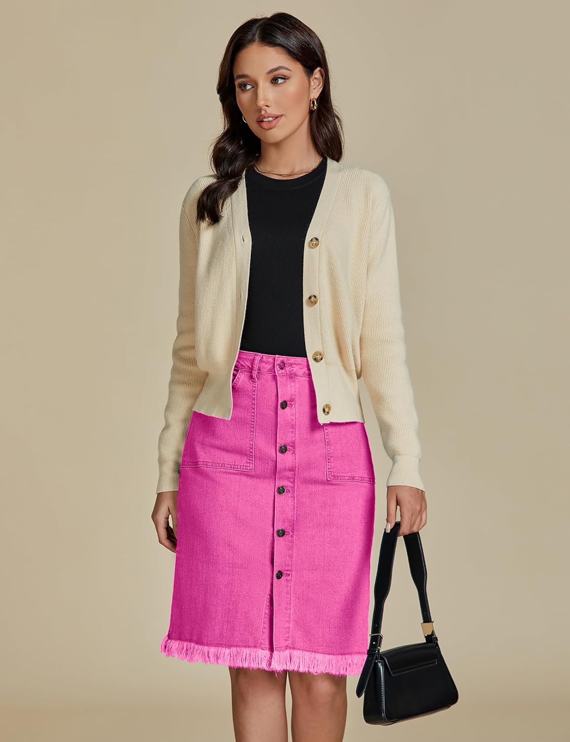 luvamia Womens Casual Mid Rise Button Down Frayed Raw Hem Denim Jean Midi SkirtHot Pink