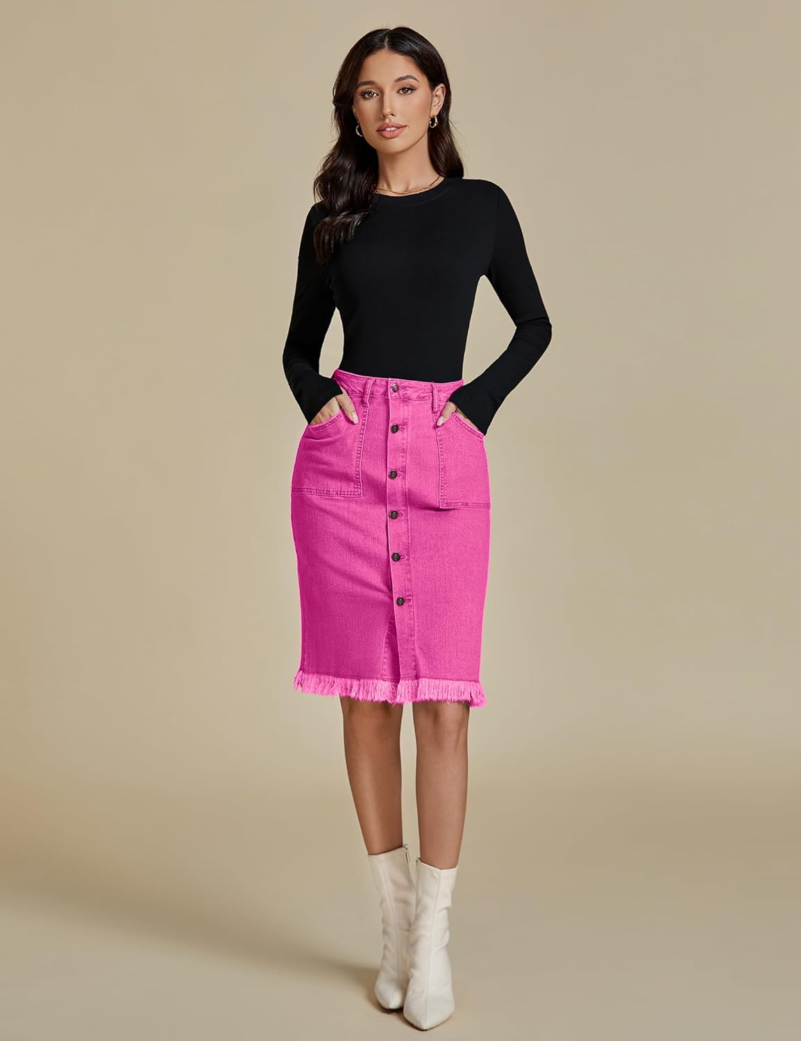 luvamia Womens Casual Mid Rise Button Down Frayed Raw Hem Denim Jean Midi SkirtHot Pink
