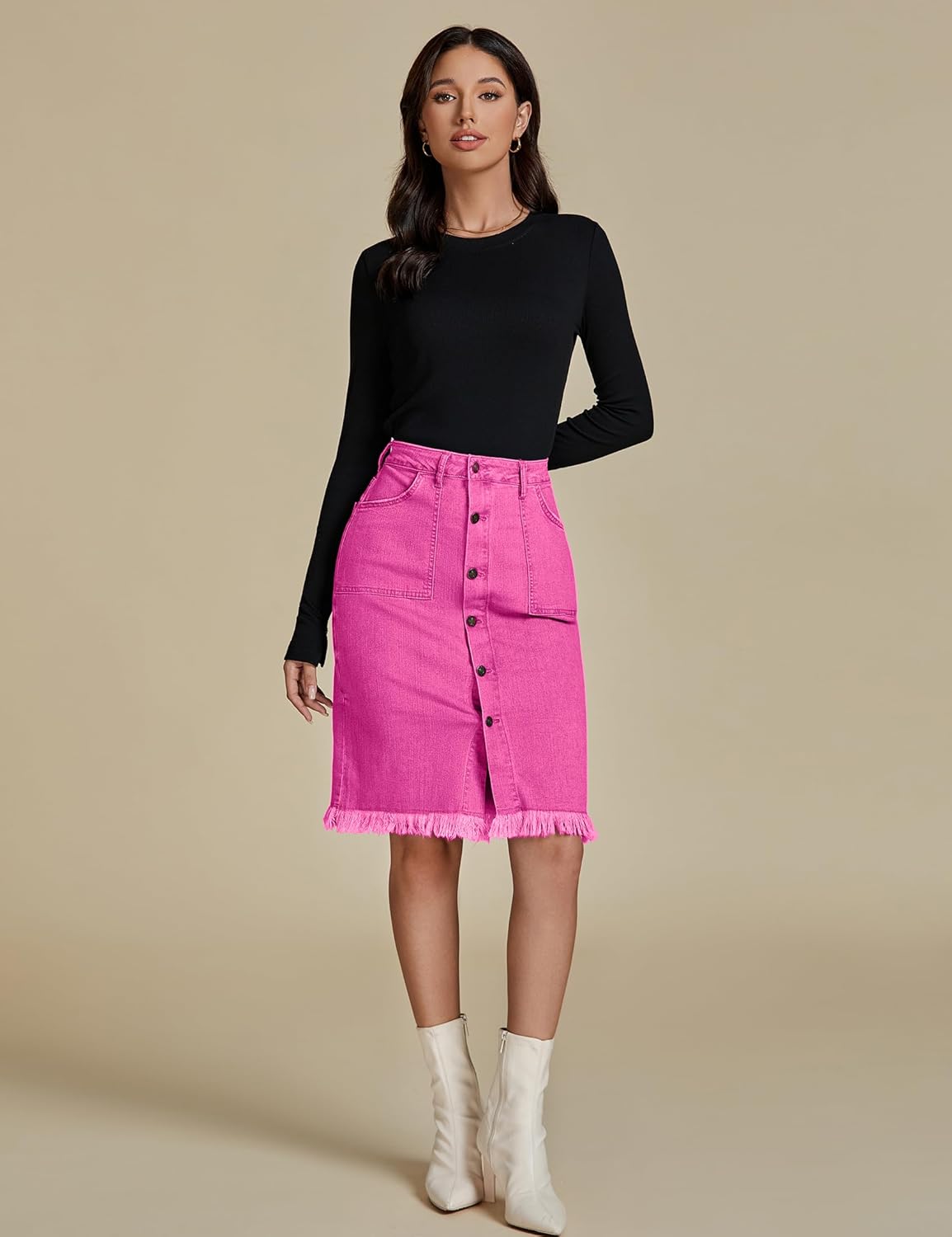 luvamia Womens Casual Mid Rise Button Down Frayed Raw Hem Denim Jean Midi SkirtHot Pink