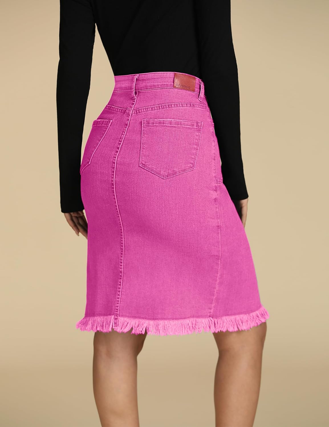 luvamia Womens Casual Mid Rise Button Down Frayed Raw Hem Denim Jean Midi SkirtHot Pink