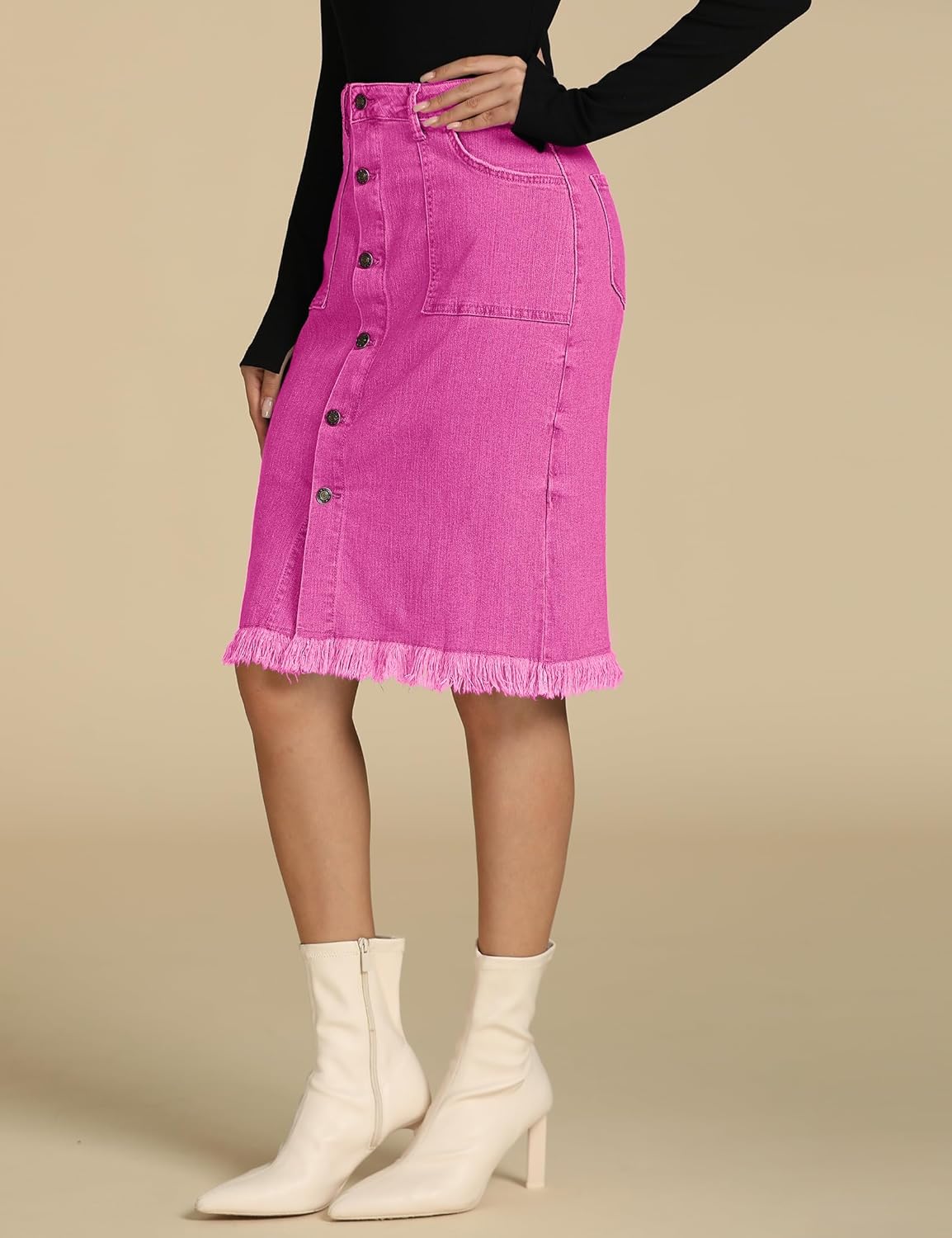 luvamia Womens Casual Mid Rise Button Down Frayed Raw Hem Denim Jean Midi SkirtHot Pink