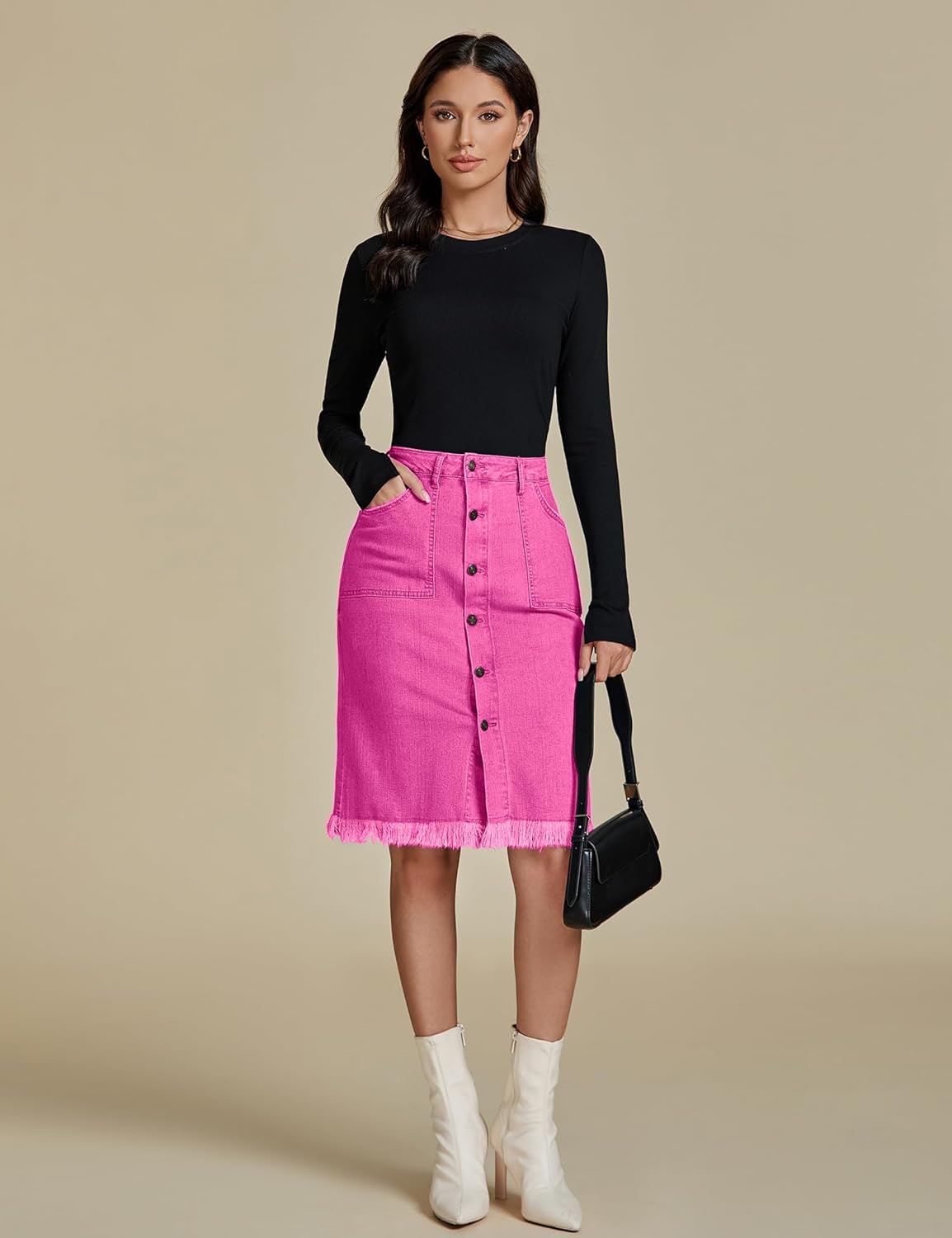 luvamia Womens Casual Mid Rise Button Down Frayed Raw Hem Denim Jean Midi SkirtHot Pink