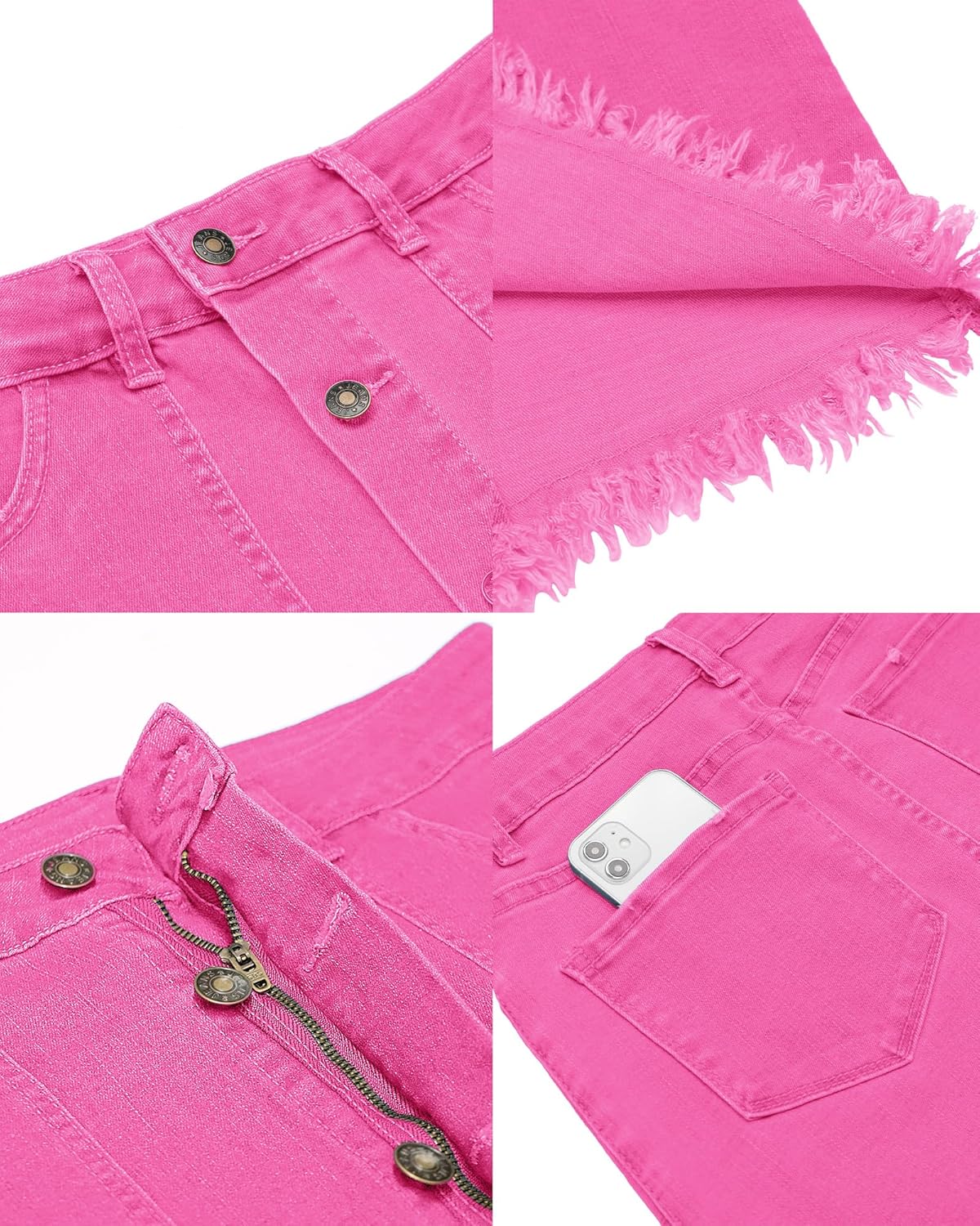 luvamia Womens Casual Mid Rise Button Down Frayed Raw Hem Denim Jean Midi SkirtHot Pink