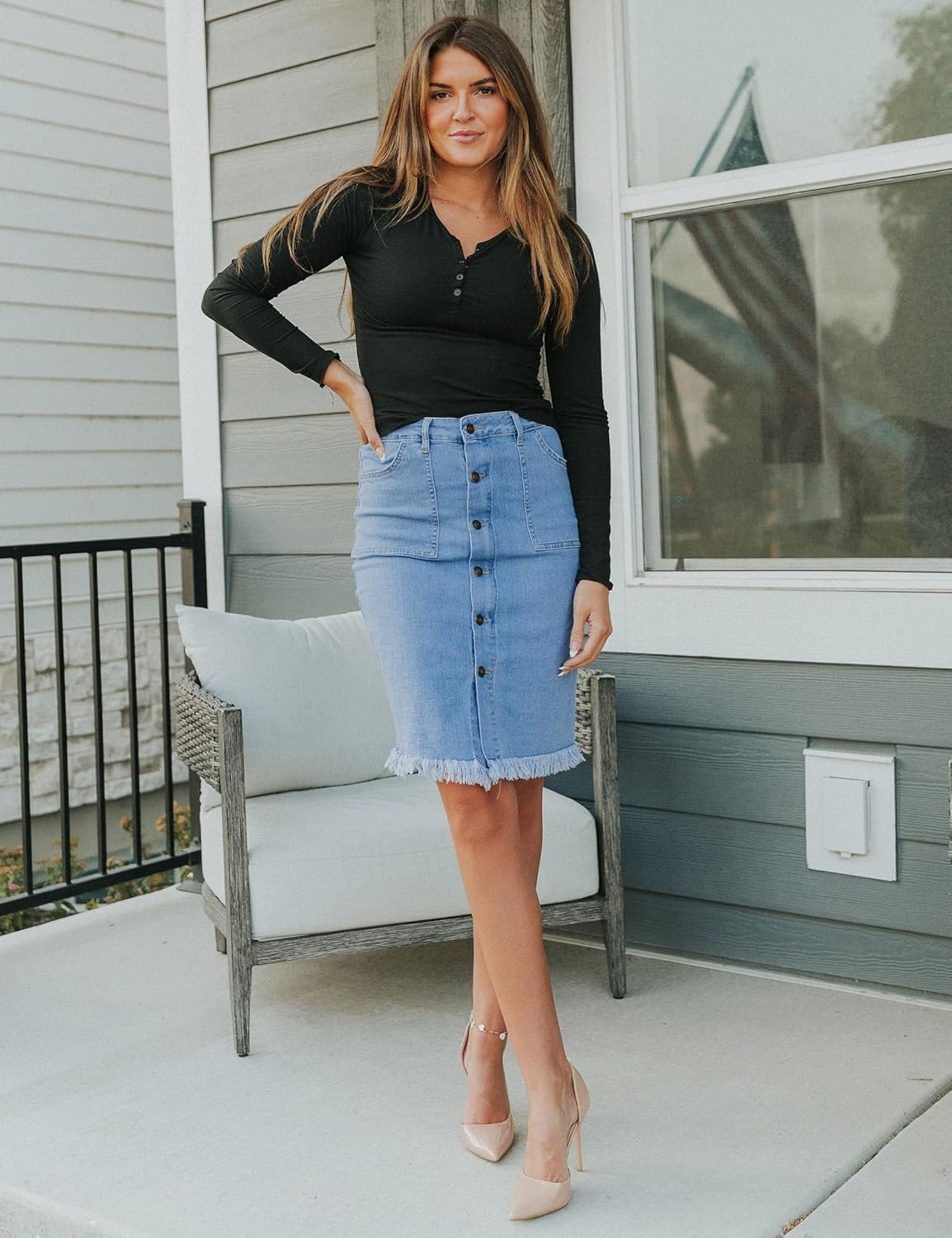 luvamia Womens Casual Mid Rise Button Down Frayed Raw Hem Denim Jean Midi SkirtOcean Aqua Blues