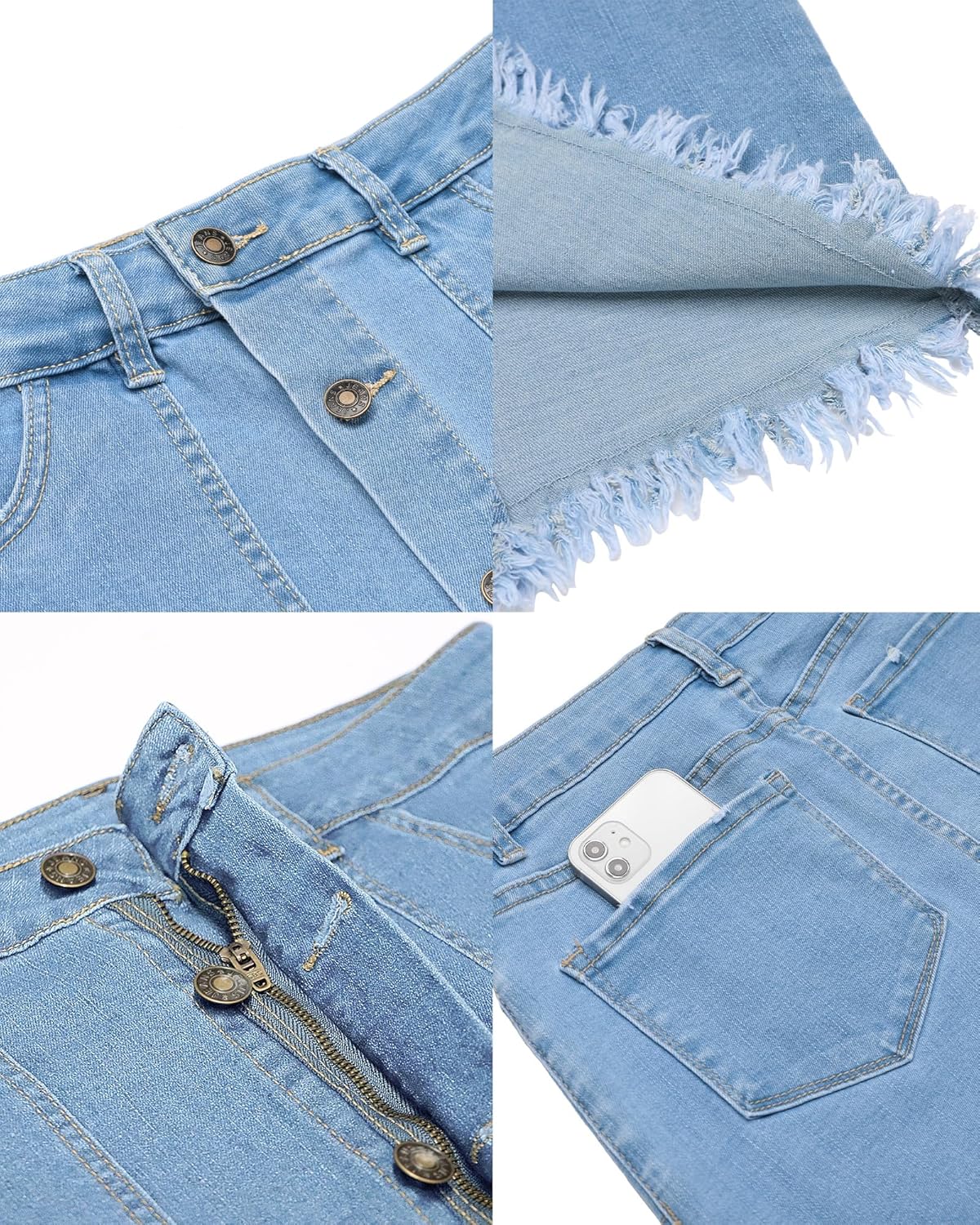 luvamia Womens Casual Mid Rise Button Down Frayed Raw Hem Denim Jean Midi SkirtOcean Aqua Blues