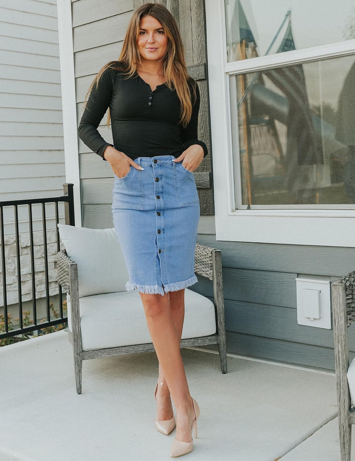 luvamia Womens Casual Mid Rise Button Down Frayed Raw Hem Denim Jean Midi SkirtOcean Aqua Blues