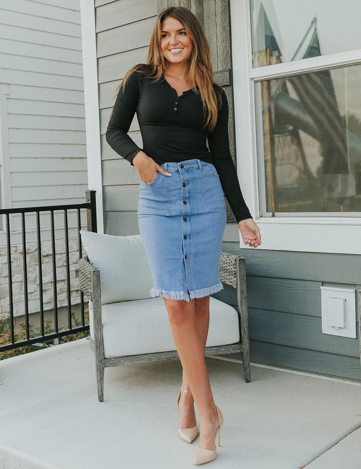 luvamia Womens Casual Mid Rise Button Down Frayed Raw Hem Denim Jean Midi SkirtOcean Aqua Blues