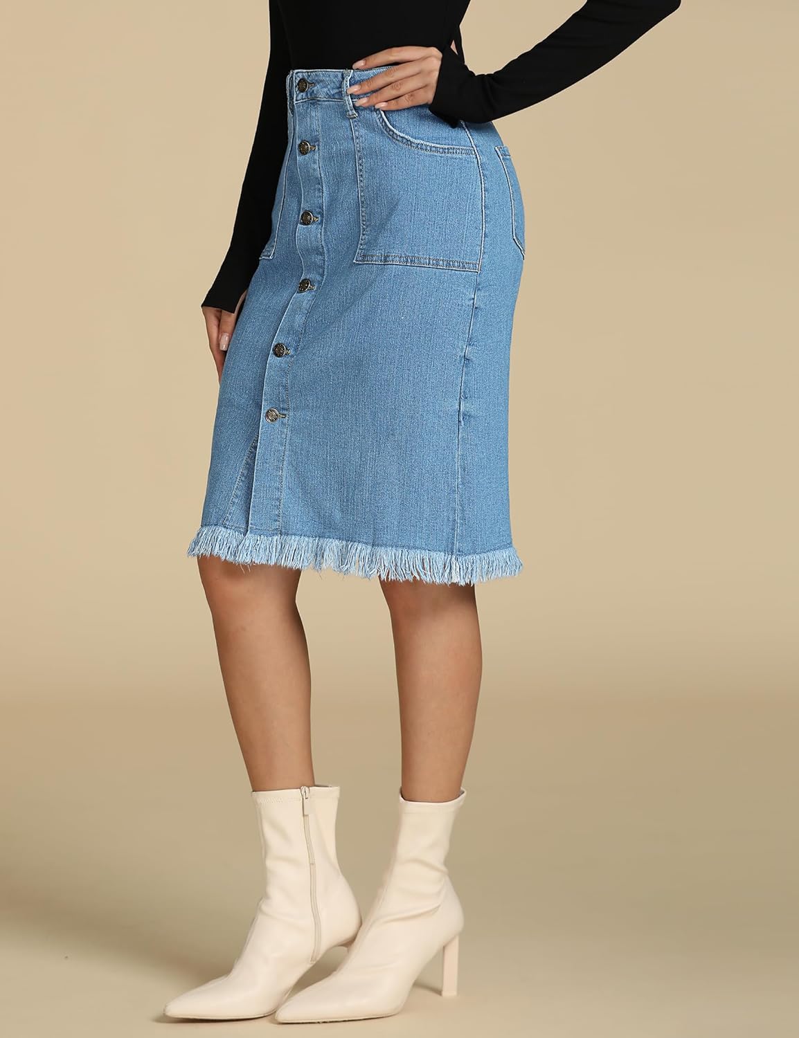 luvamia Womens Casual Mid Rise Button Down Frayed Raw Hem Denim Jean Midi SkirtOcean Aqua Blues