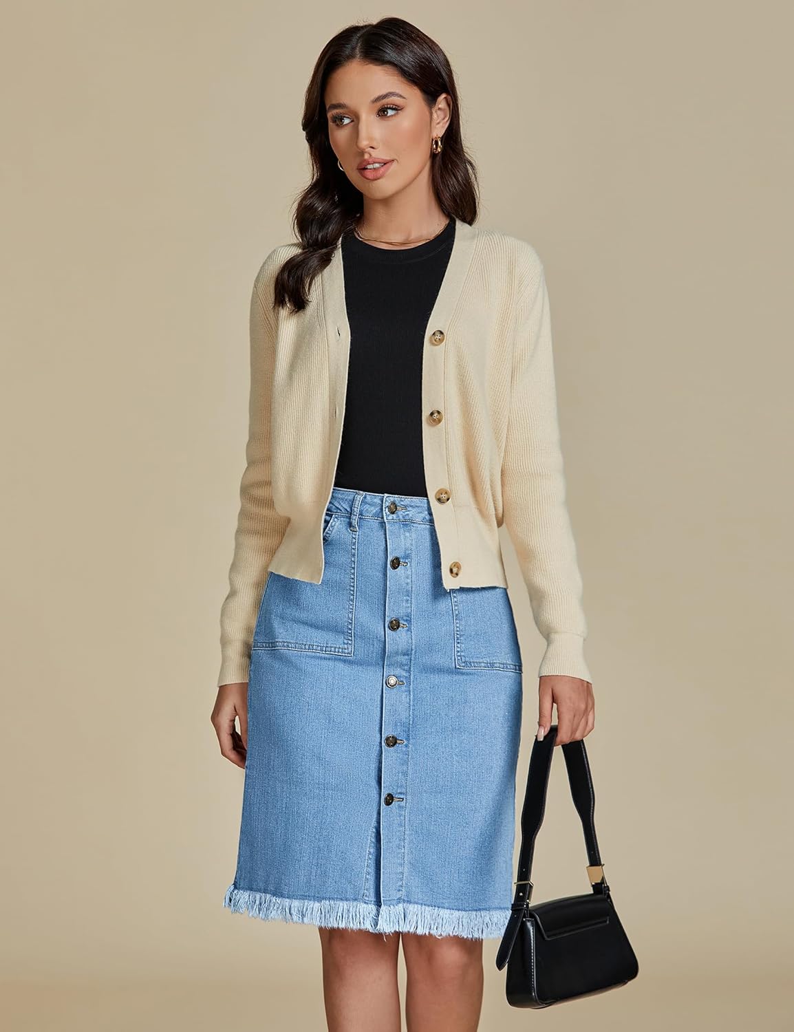 luvamia Womens Casual Mid Rise Button Down Frayed Raw Hem Denim Jean Midi SkirtOcean Aqua Blues