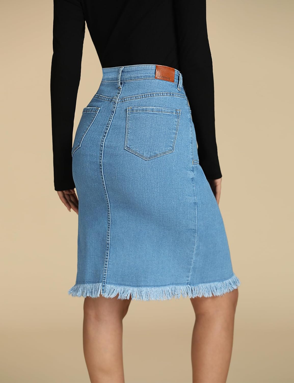 luvamia Womens Casual Mid Rise Button Down Frayed Raw Hem Denim Jean Midi SkirtOcean Aqua Blues