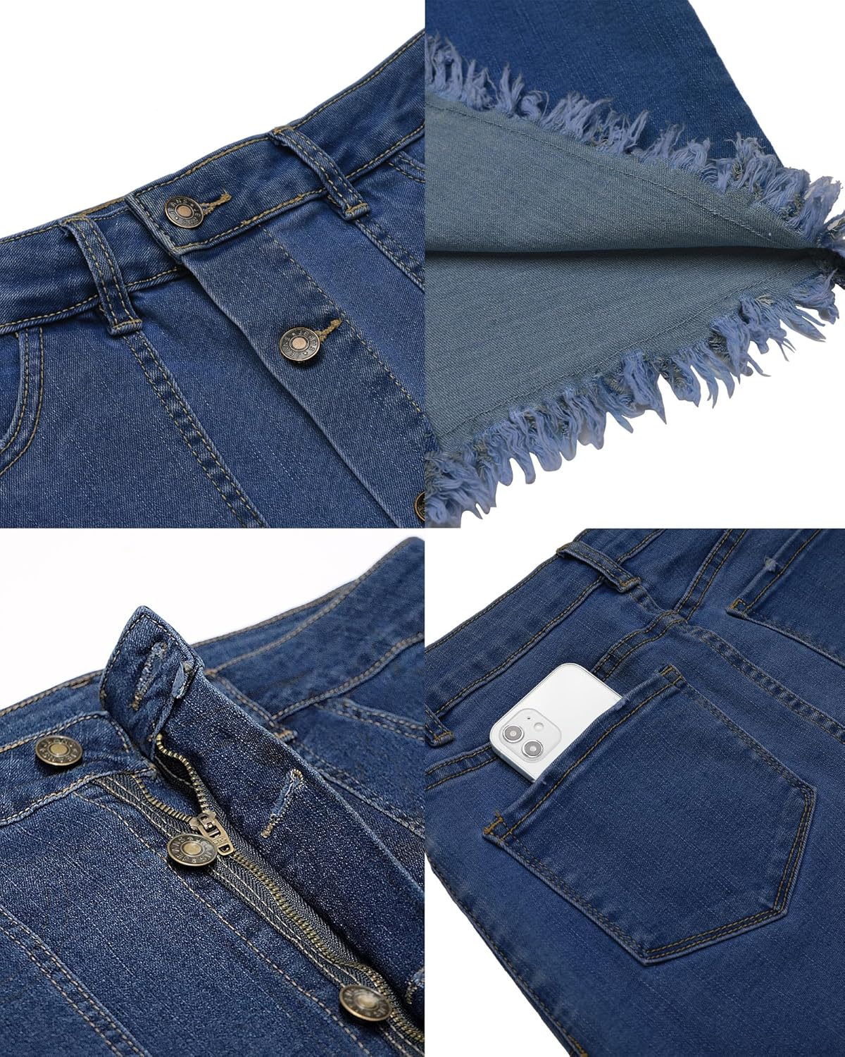 luvamia Womens Casual Mid Rise Button Down Frayed Raw Hem Denim Jean Midi SkirtS Dark Vintage Blue