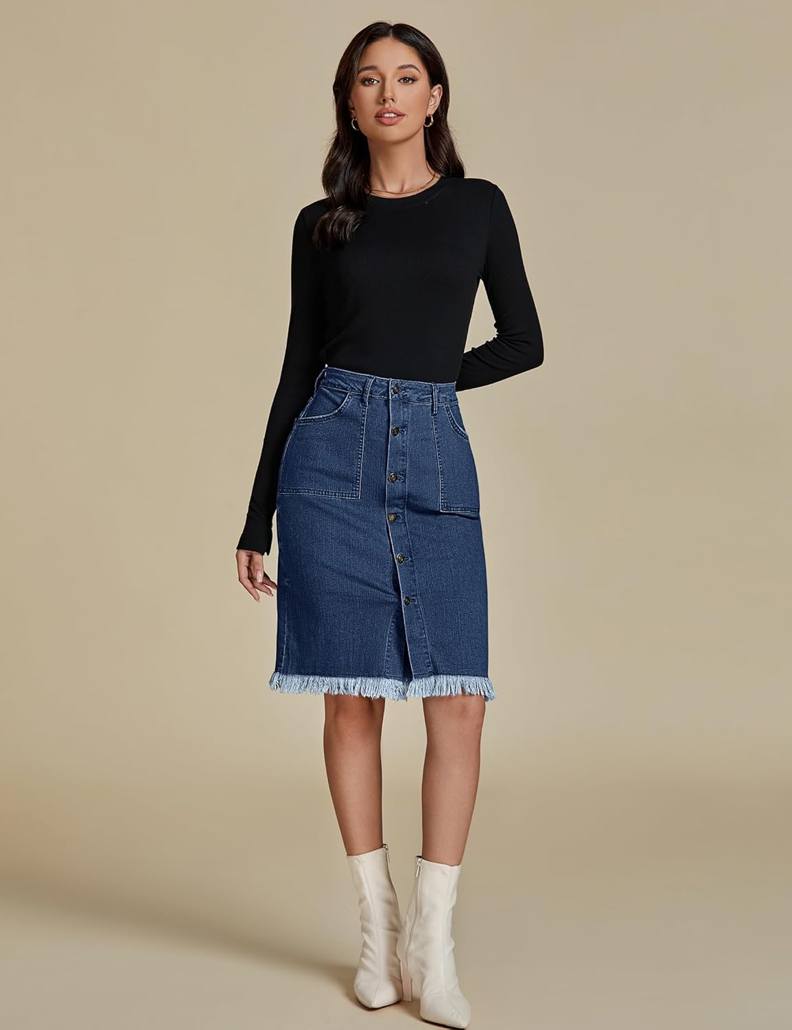 luvamia Womens Casual Mid Rise Button Down Frayed Raw Hem Denim Jean Midi SkirtS Dark Vintage Blue