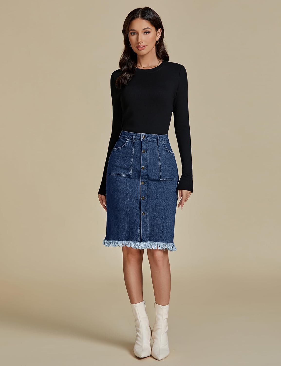 luvamia Womens Casual Mid Rise Button Down Frayed Raw Hem Denim Jean Midi SkirtS Dark Vintage Blue