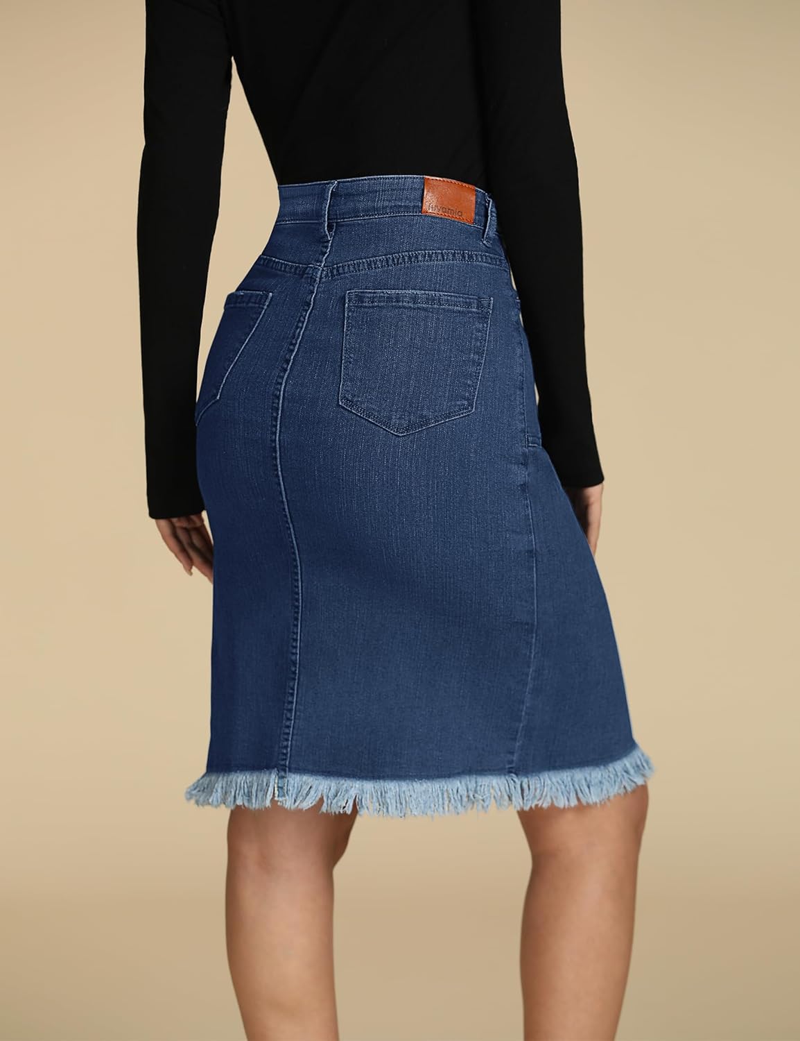 luvamia Womens Casual Mid Rise Button Down Frayed Raw Hem Denim Jean Midi SkirtS Dark Vintage Blue