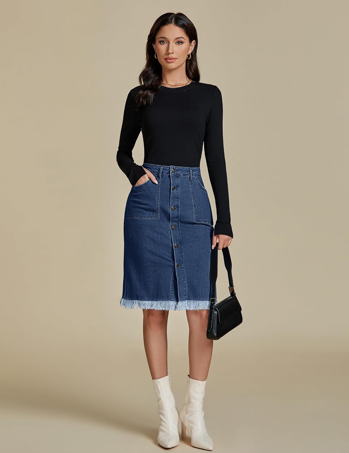 luvamia Womens Casual Mid Rise Button Down Frayed Raw Hem Denim Jean Midi SkirtS Dark Vintage Blue