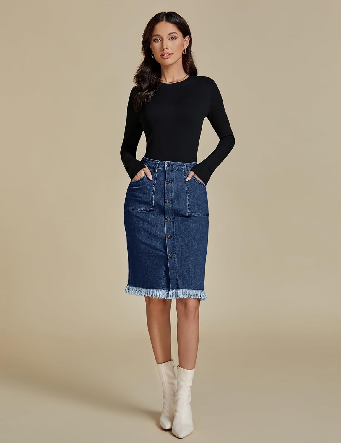 luvamia Womens Casual Mid Rise Button Down Frayed Raw Hem Denim Jean Midi SkirtS Dark Vintage Blue