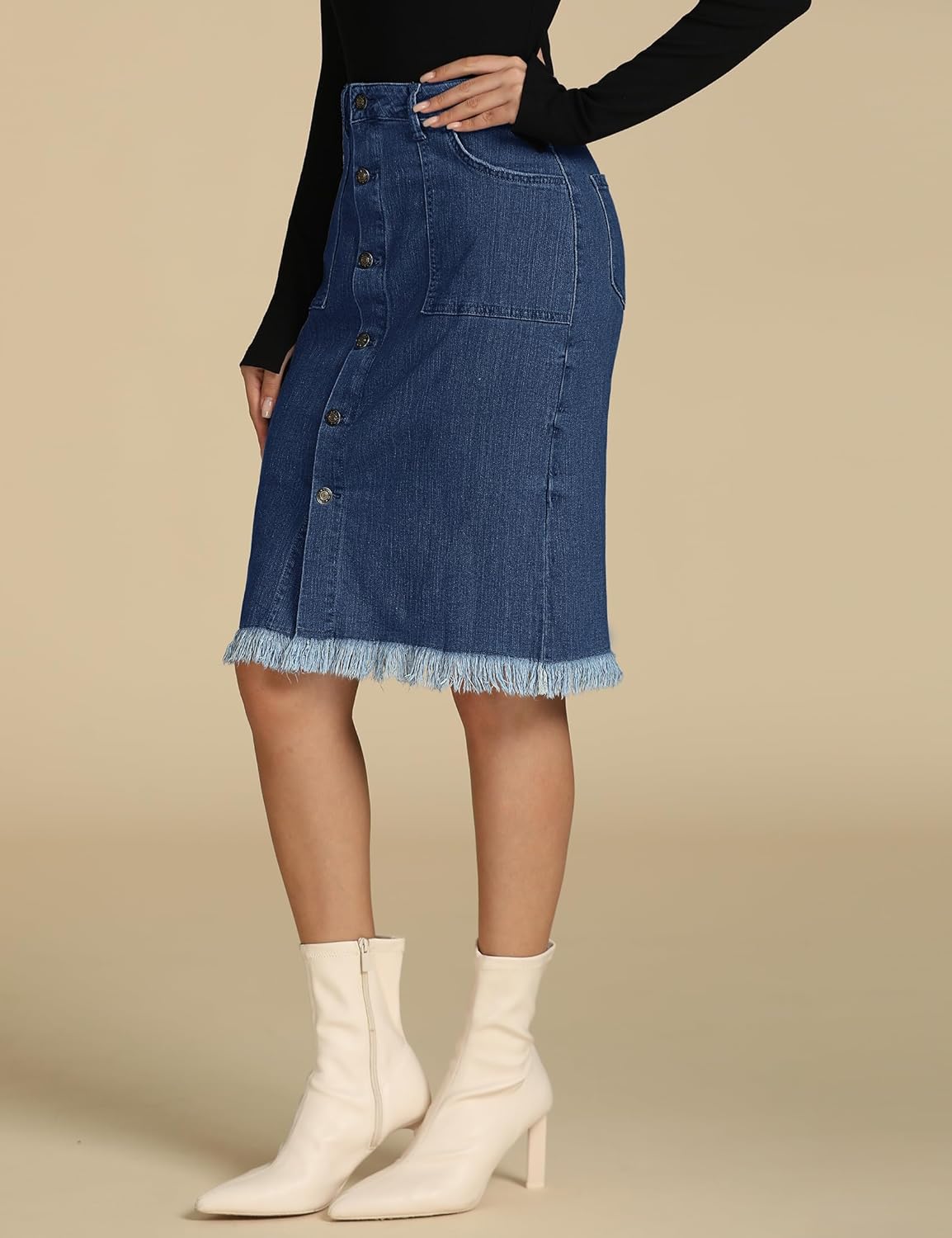 luvamia Womens Casual Mid Rise Button Down Frayed Raw Hem Denim Jean Midi SkirtS Dark Vintage Blue