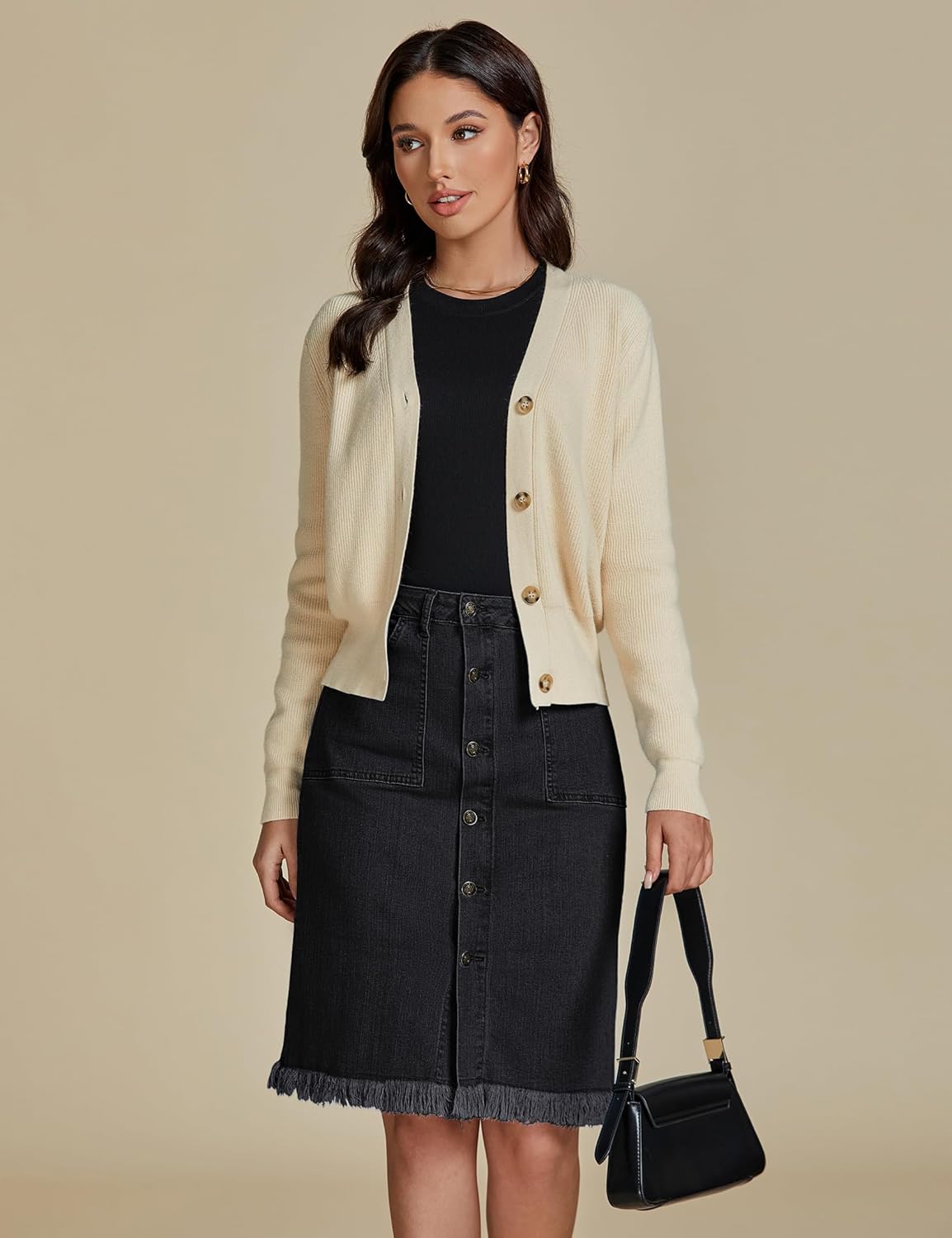 luvamia Womens Casual Mid Rise Button Down Frayed Raw Hem Denim Jean Midi SkirtS Soft Black