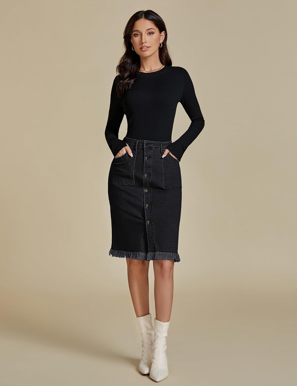 luvamia Womens Casual Mid Rise Button Down Frayed Raw Hem Denim Jean Midi SkirtS Soft Black